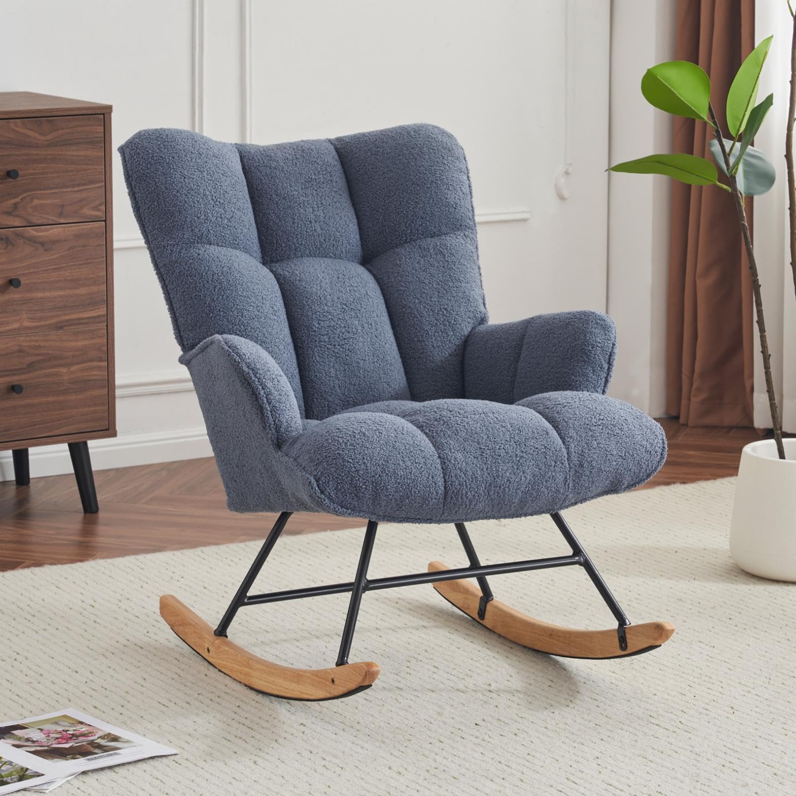 SAETSFEG Rocking Chair Nursery Teddy Upholstered Glider Rocker Rocking Accent Chair Padded Seat with High Backrest Armchair Comfy Side Chair for Living Room Bedroom Offices (Ivory Teddy)