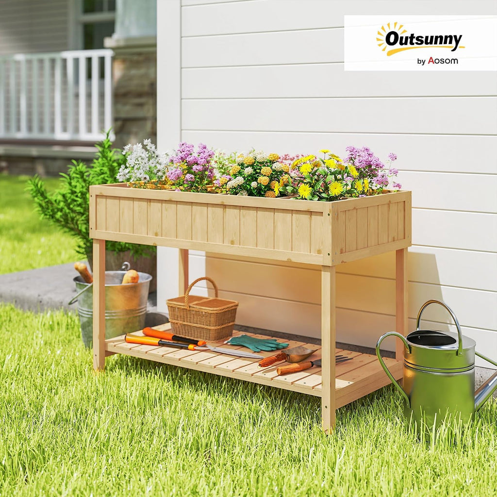 Outsunny 43x18x30in Raised Garden Bed with 8 Pockets and Shelf, Wooden Elevated Planter Box with Legs to Grow Herbs, Vegetables, and Flowers, Natural