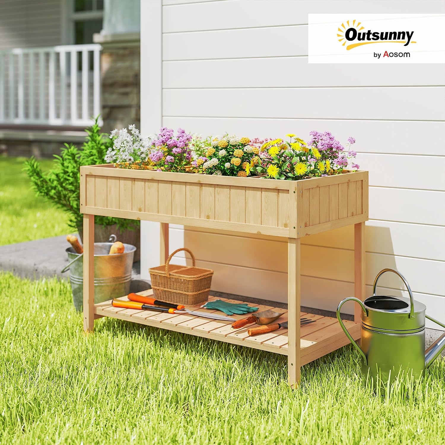 Outsunny 43x18x30in Raised Garden Bed with 8 Pockets and Shelf, Wooden Elevated Planter Box with Legs to Grow Herbs, Vegetables, and Flowers, Natural