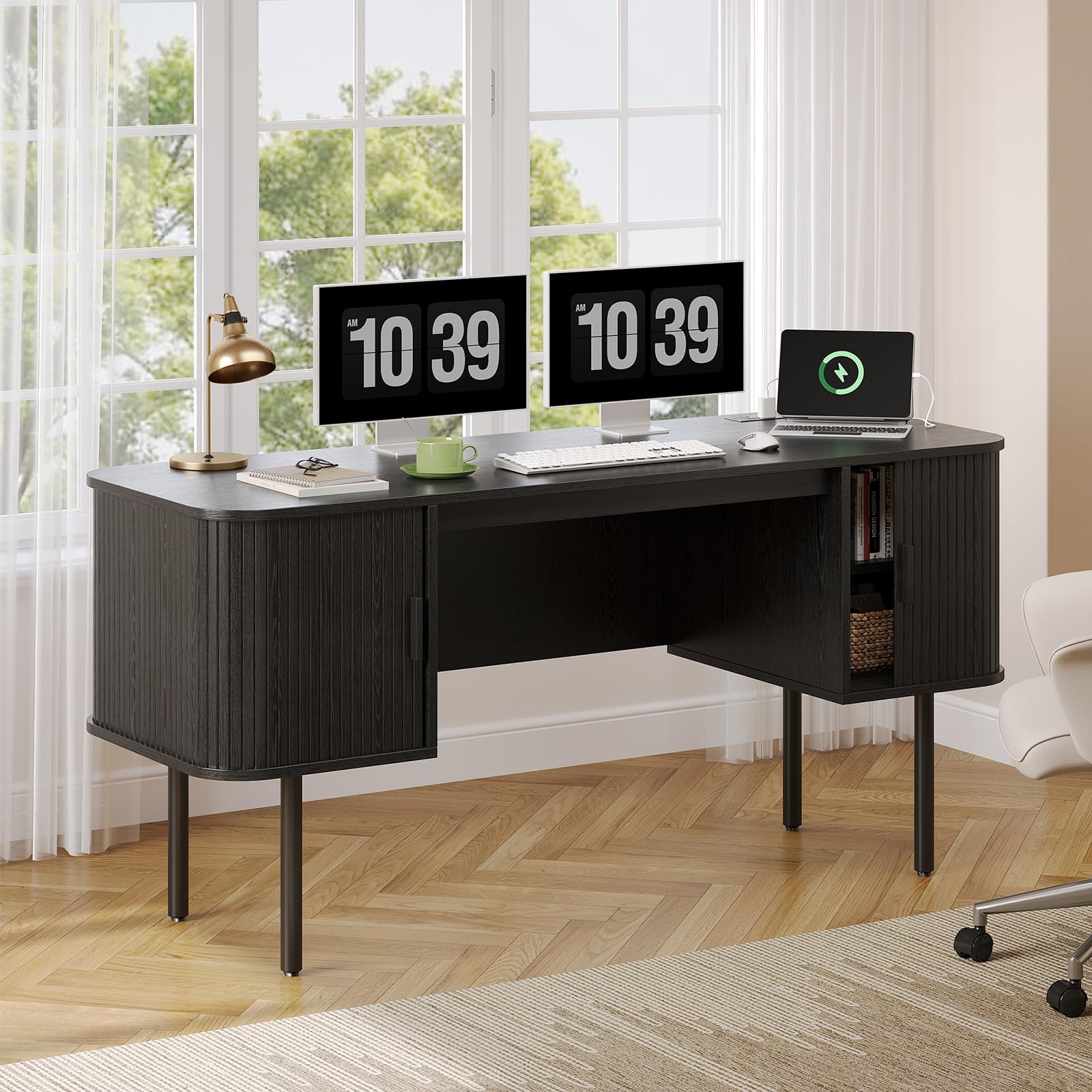 ONBRILL 55 Inch Fluted Computer Desk with Charging Station, Mid Century Executive Desk with 2 Storage Cabinets, Modern Home Office Large Desk with Metal Legs for Working, Studying, Writing, Walnut