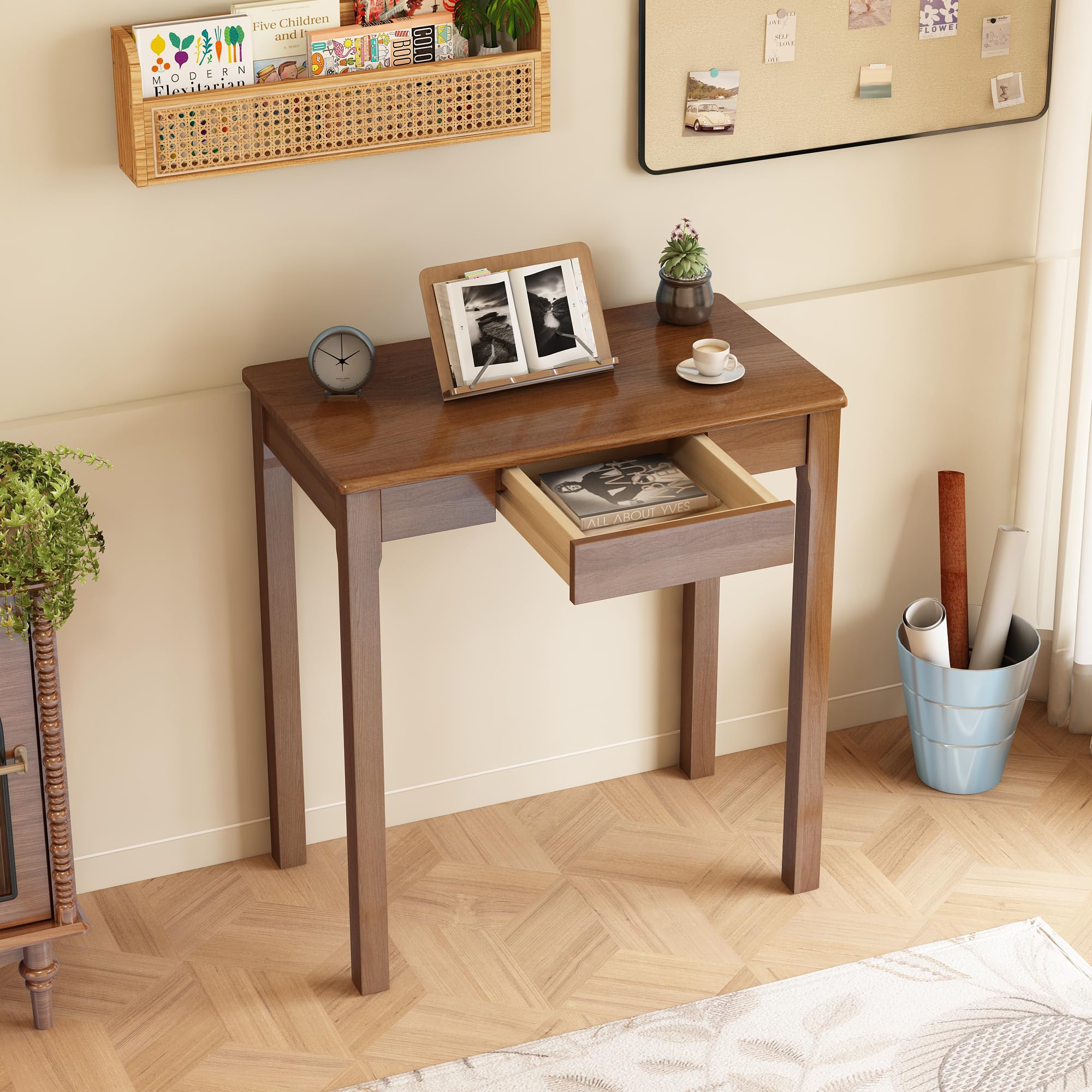 32×16 Inch Walnut Rubberwood Mid Century Narrow Desk with Drawers, Small Writing Table for Bedroom Small Spaces