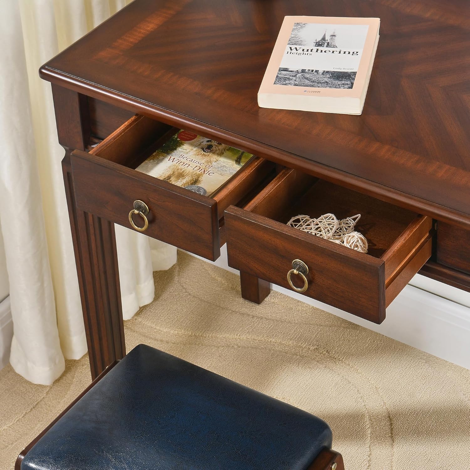 Small Writing Desk With 2 Storage Drawers, 31.5" Home Office Desks , Elegant Wood Writing Desks with Carved Legs, Classic Vanity Dressing Table For Small Space Easy Assembly Caramel Brown SSZ-D1258