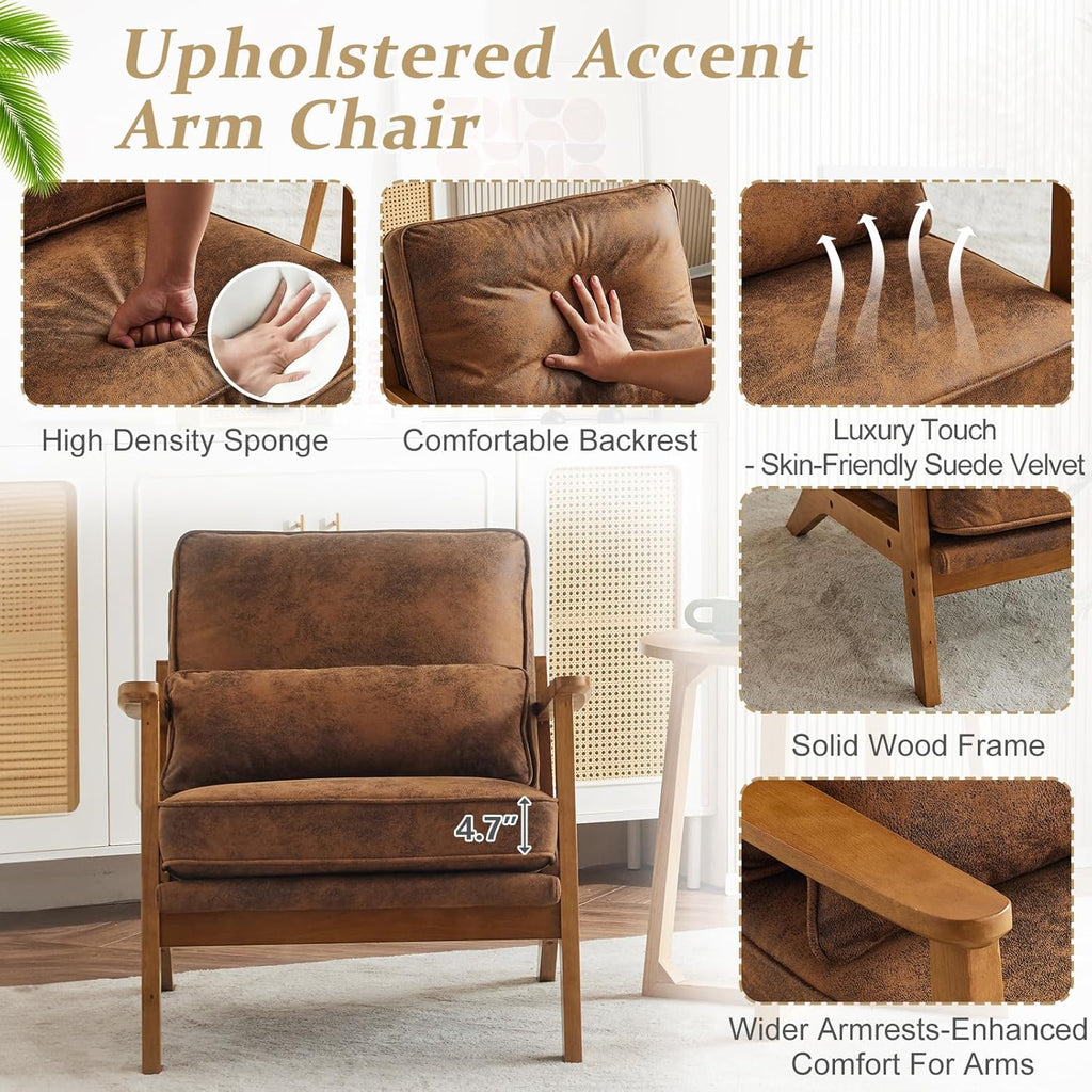 VINGLI Solid Wood Wide Armrests Accent Chair,Upholstered Mid Century Modern Chair with Pillow,Comfy Reading Chair Farmhouse Arm Chair,Chairs Living Room,Bedroom,Guest Room,Suede,Rustic