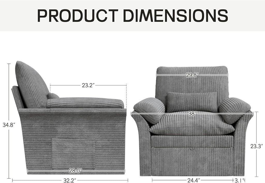 38" Grey Fabric 360 Swivel Armchair with Storage, Adjustable Back & Cushions