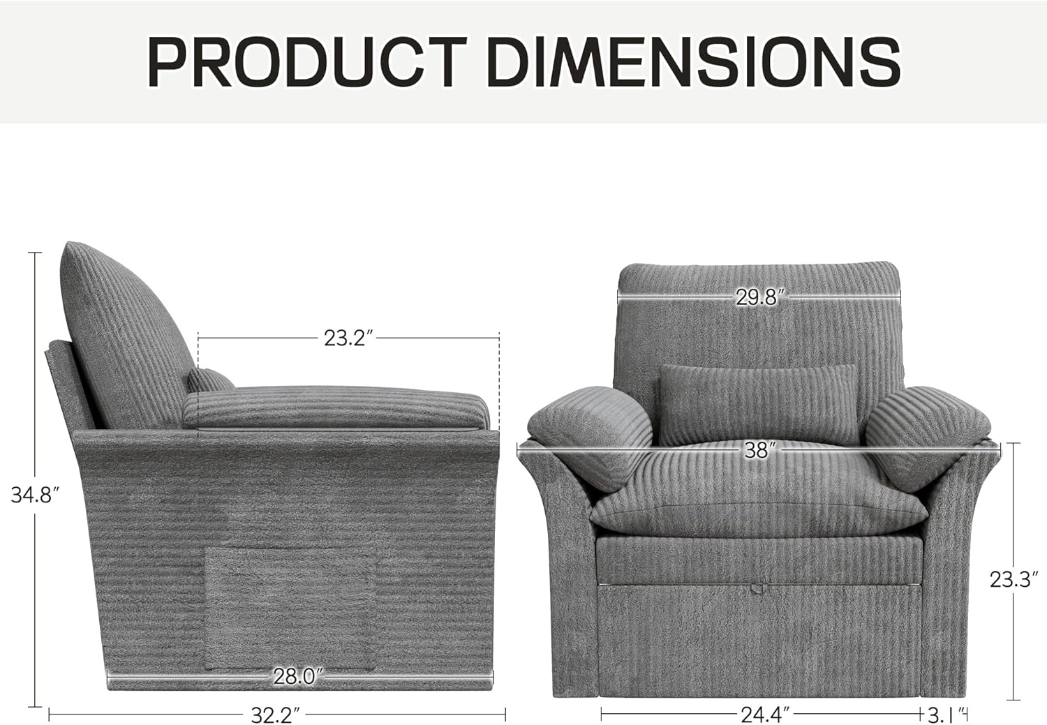 38" Grey Fabric 360 Swivel Armchair with Storage, Adjustable Back & Cushions