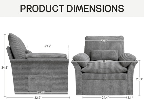 38" Grey Fabric 360 Swivel Armchair with Storage, Adjustable Back & Cushions