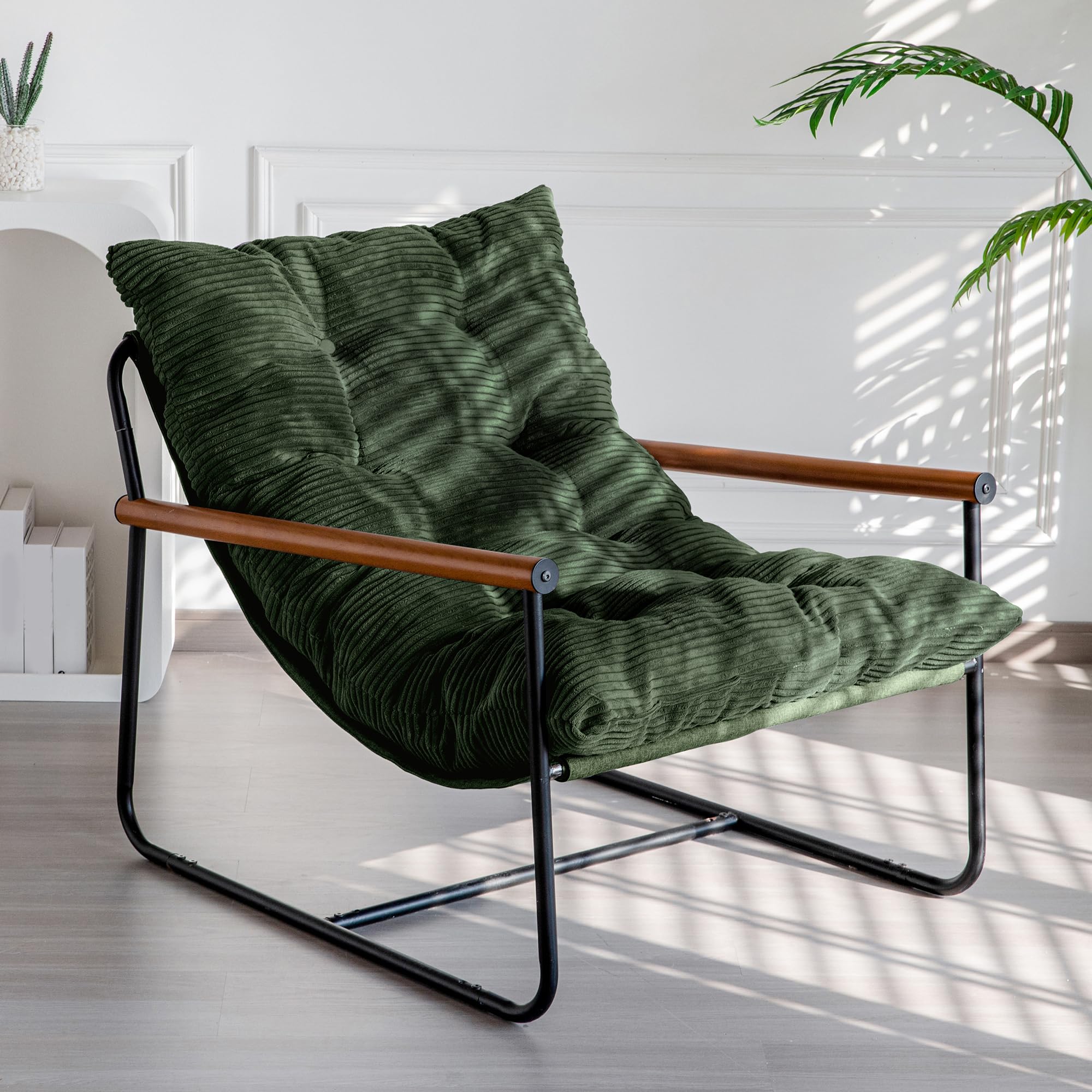 MAXYOYO Modern Accent Chair, Comfy Living Room Chair with Metal Frame Wooden Armrest, Upholstered Armchair with Soft Cushion for Bedroom Balcony Lounge Reading Room, Beige