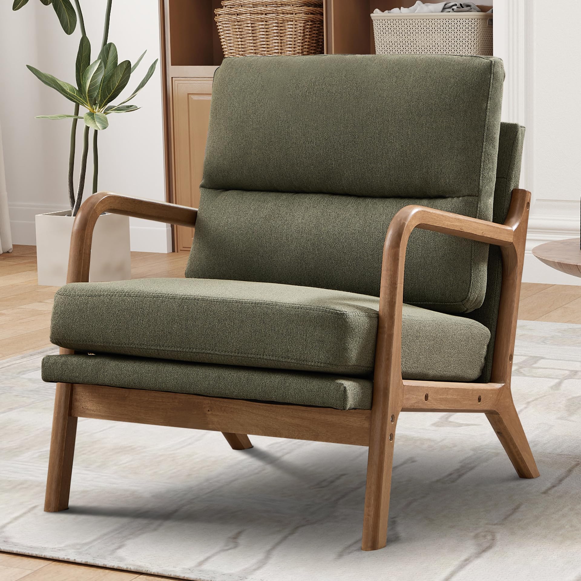 IOMOR Mid Century Modern Accent Chair with Solid Wood Frame Linen Fabric, Upholstered Living Room Chairs with Lumbar Cushion Padded Arms, Reading Armchair for Bedroom (1, Warm Beige)