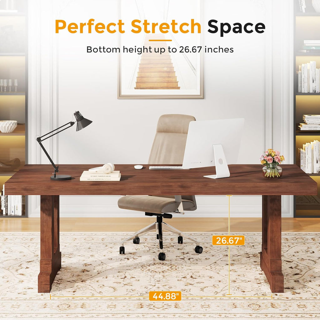 Solid Wood Computer Desk 63inches, Home Office Desk with Sturdy Wood Legs, Farmhouse Workstations Writing Table for Home Office, Dark Brown