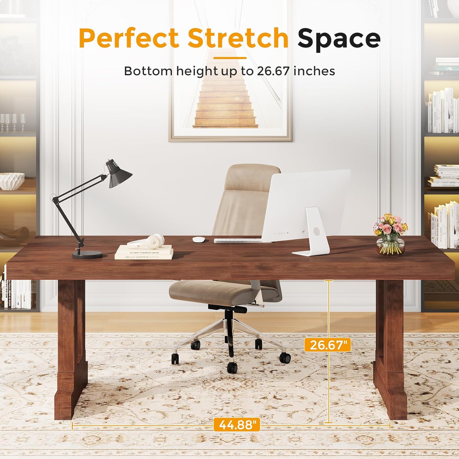 Solid Wood Computer Desk 63inches, Home Office Desk with Sturdy Wood Legs, Farmhouse Workstations Writing Table for Home Office, Dark Brown