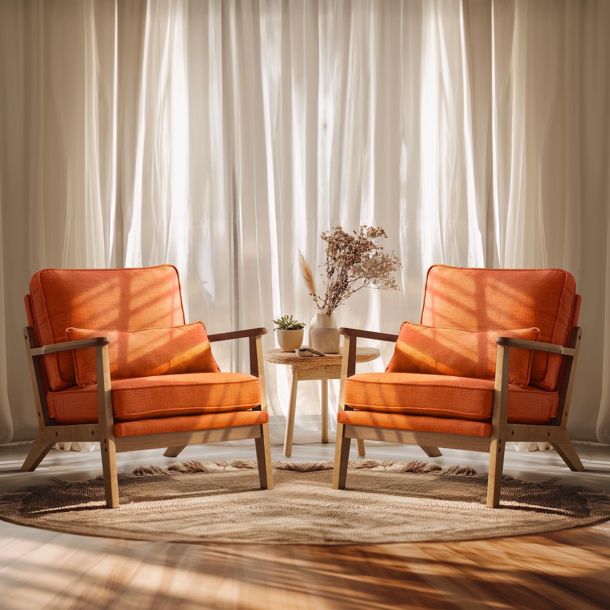 VINGLI Solid Wood Wide Armrests Accent Chair,Upholstered Mid Century Modern Chair with Pillow,Comfy Reading Chair Farmhouse Arm Chair,Chairs Living Room,Bedroom,Guest Room,Suede,Rustic
