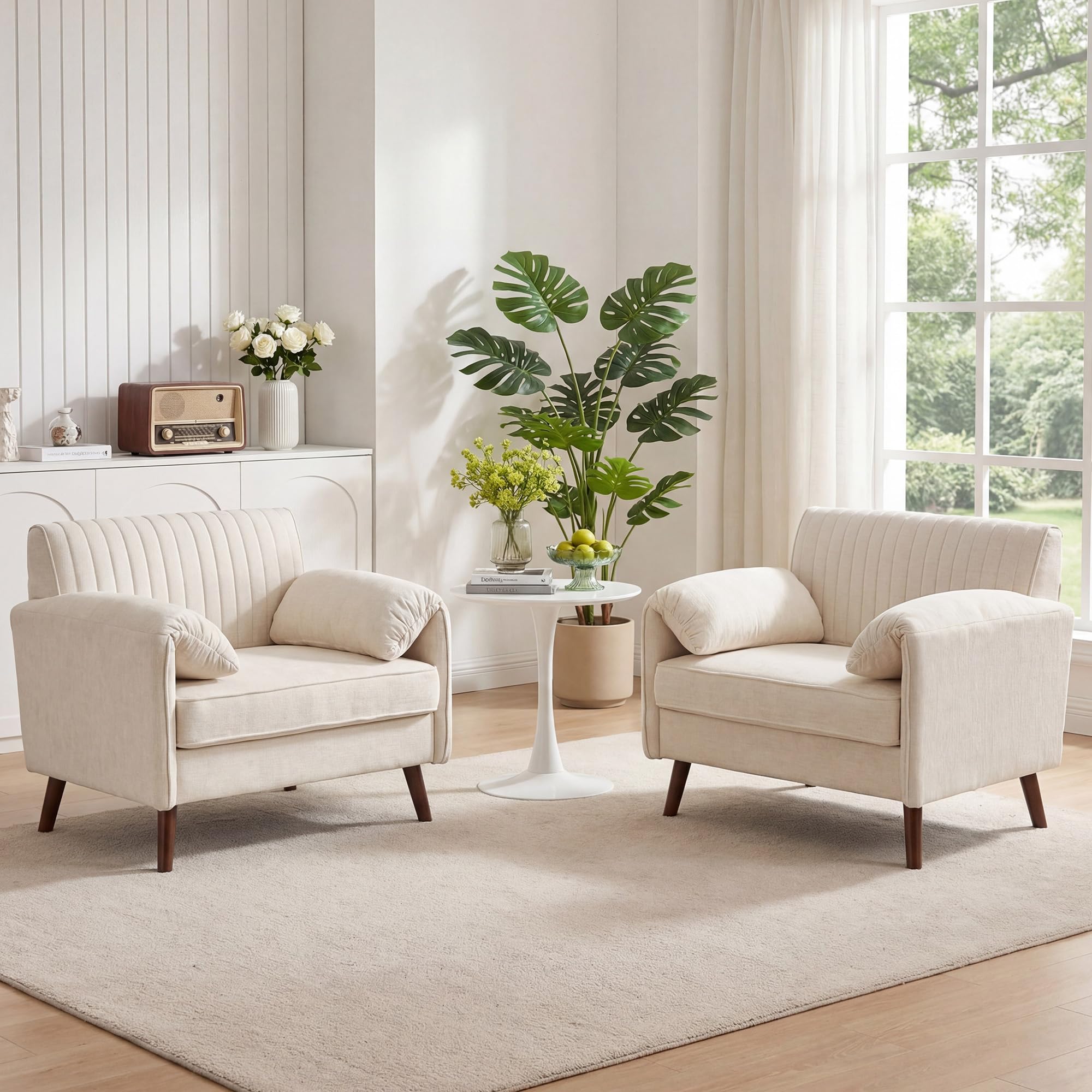 Modern Oversized Accent Chair, 43.3" Piping Single Armchair with Quilting Backrest, Padded Arms, Wood Legs for Living Room, Bedroom, Chenille, Beige
