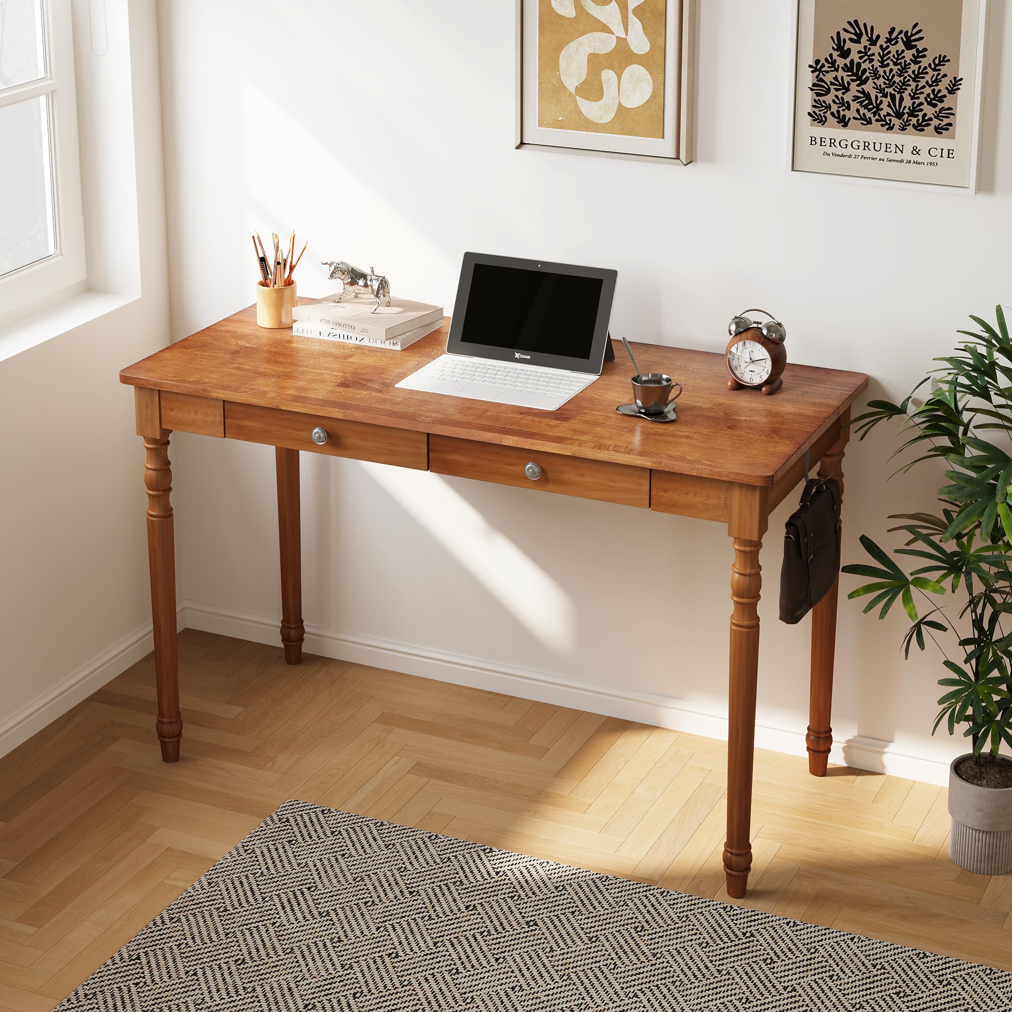 Vintage Solid Wood Writing Desk - 31.5" Mid Century Modern Desk with Drawer, Small Wooden Computer Desks for Home Office, Secretary Desks, Traditional Vanity Dressing Table for Bedroom, Walnut