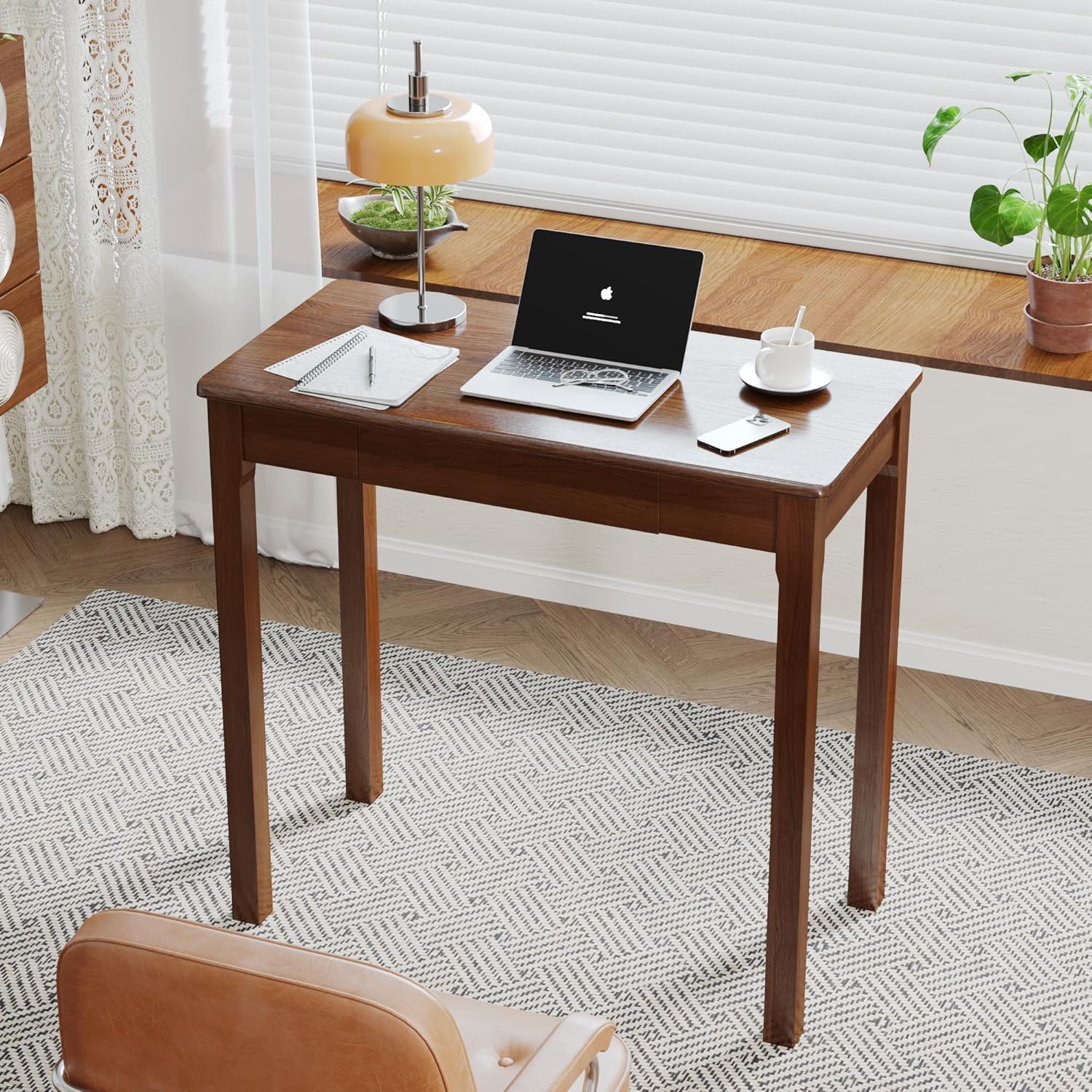 32×16 Inch Walnut Rubberwood Mid Century Narrow Desk with Drawers, Small Writing Table for Bedroom Small Spaces