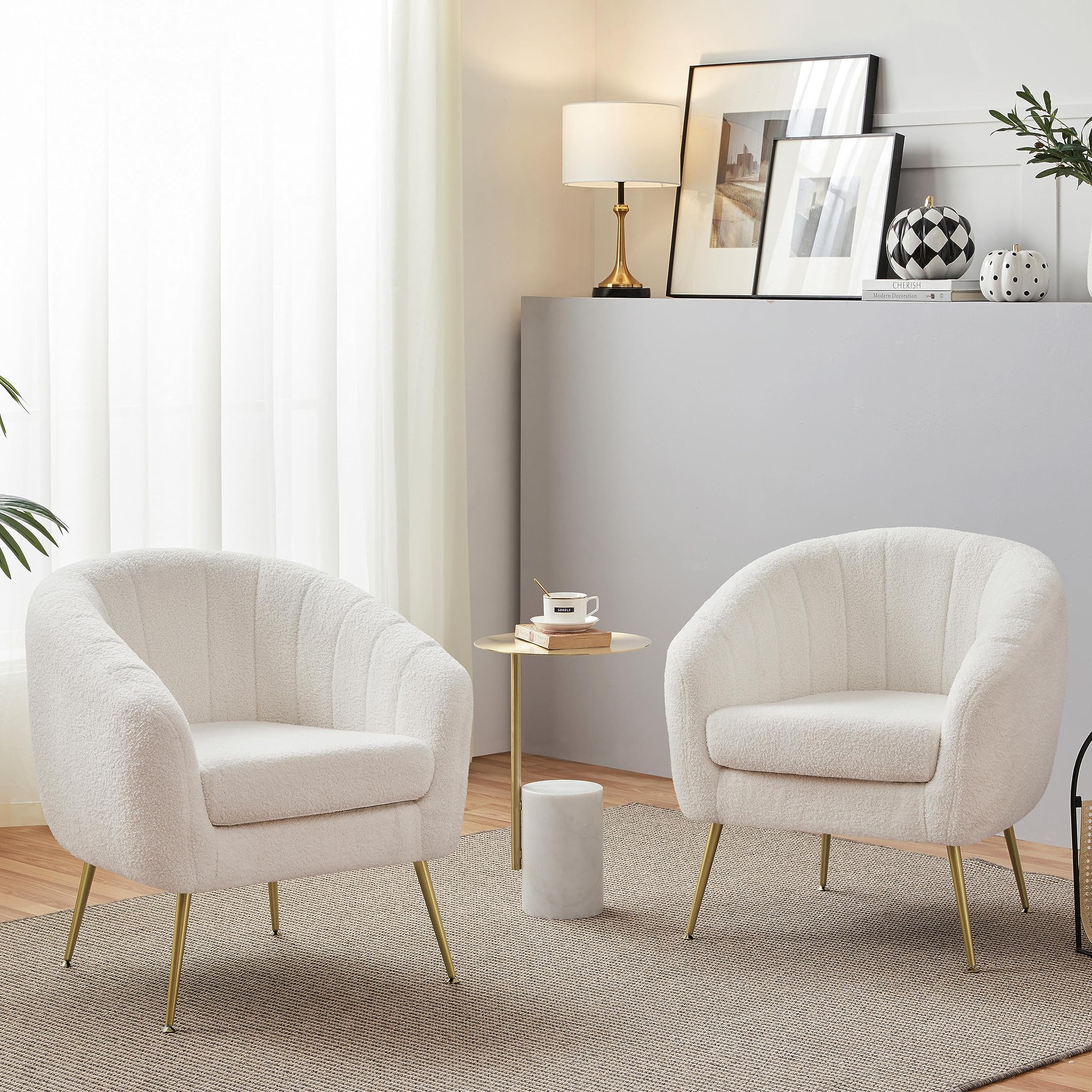 Yaheetech Sherpa Fabric Accent Chair, Modern Cozy Vanity Chair with Gold Metal Legs, Boucle Fabric Armchair with Removable Seat Cushion for Living Room Bedroom Office Guest Room, Ivory
