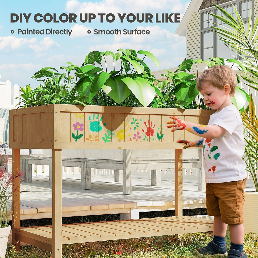Outsunny 43x18x30in Raised Garden Bed with 8 Pockets and Shelf, Wooden Elevated Planter Box with Legs to Grow Herbs, Vegetables, and Flowers, Natural