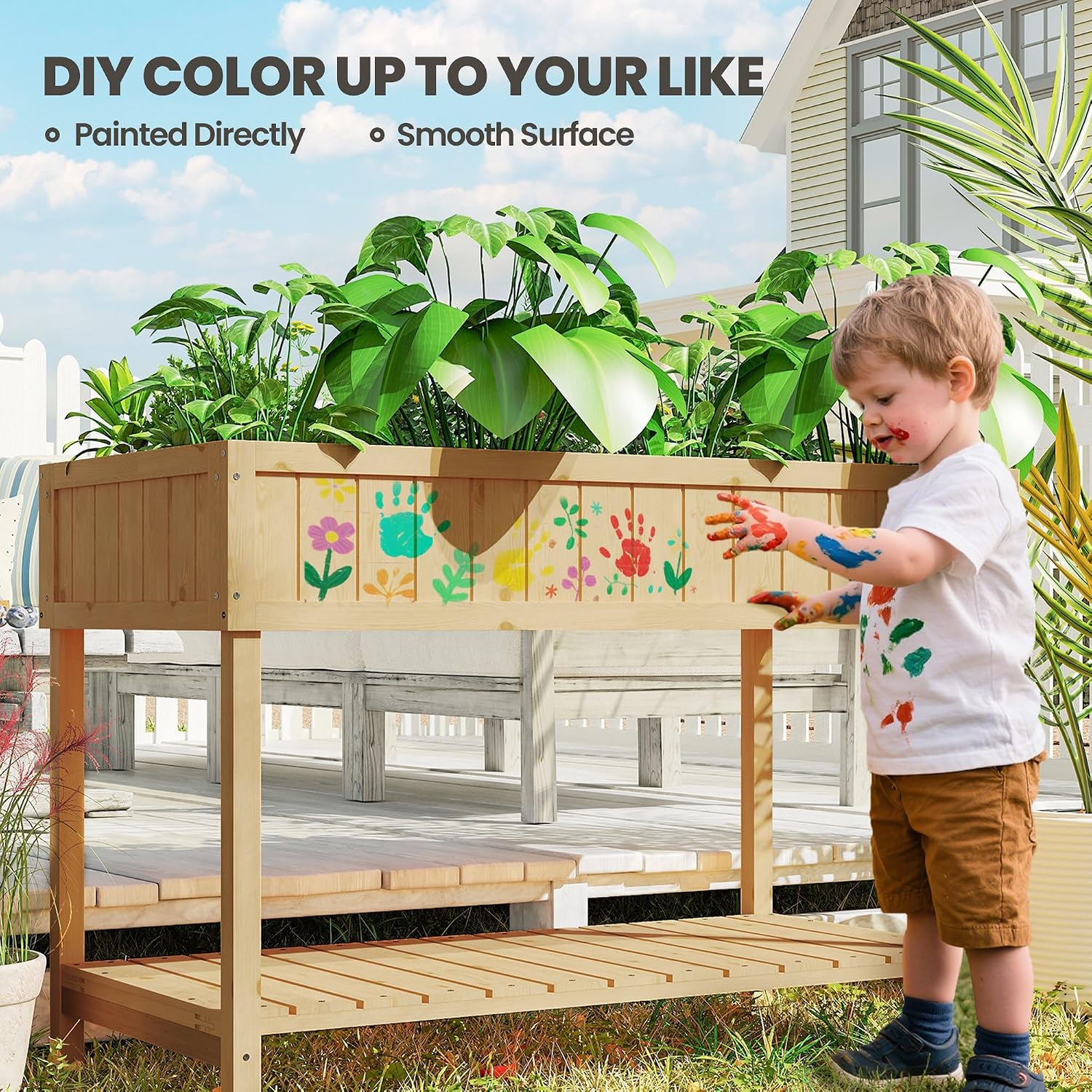 Outsunny 43x18x30in Raised Garden Bed with 8 Pockets and Shelf, Wooden Elevated Planter Box with Legs to Grow Herbs, Vegetables, and Flowers, Natural