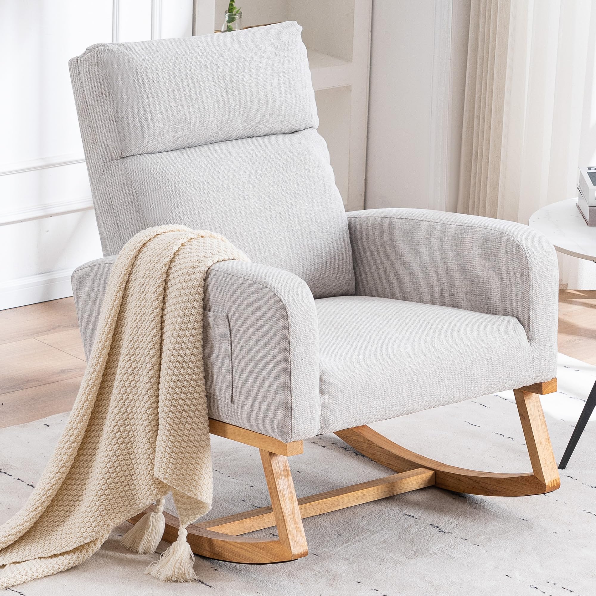 Rocking Chair Nursery - Glider Modern Accent Chairs Upholstered Linen Nursing Rocker Padded Armchair for Indoor Living Room Bedroom Beige