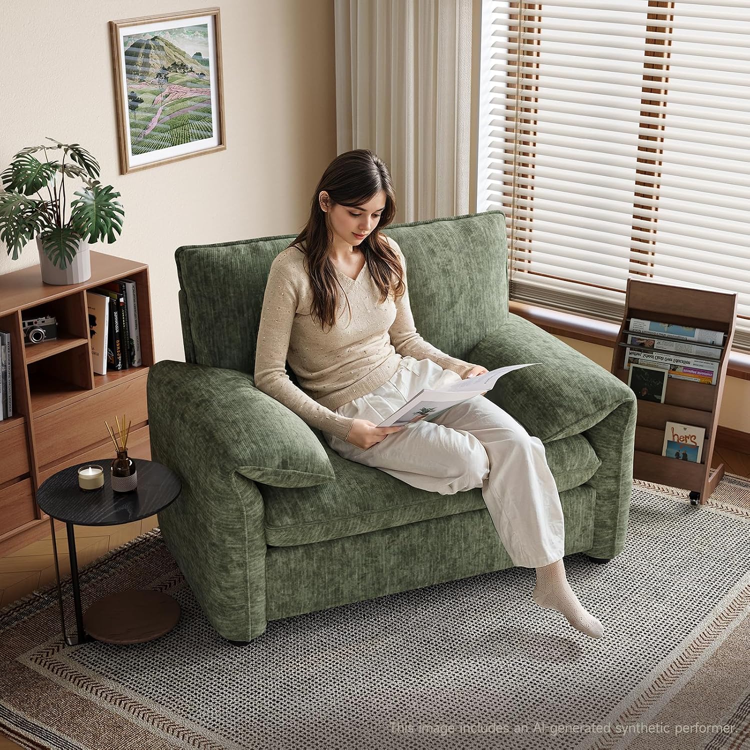 ONBRILL Oversized Accent Chair, 41 Inch Chenille Fabric Armchair, Comfy Single Sofa Chair with Padded Arms, Pocket Spring Cushion, Modern Reading Chair for Living Room, Bedroom, Green