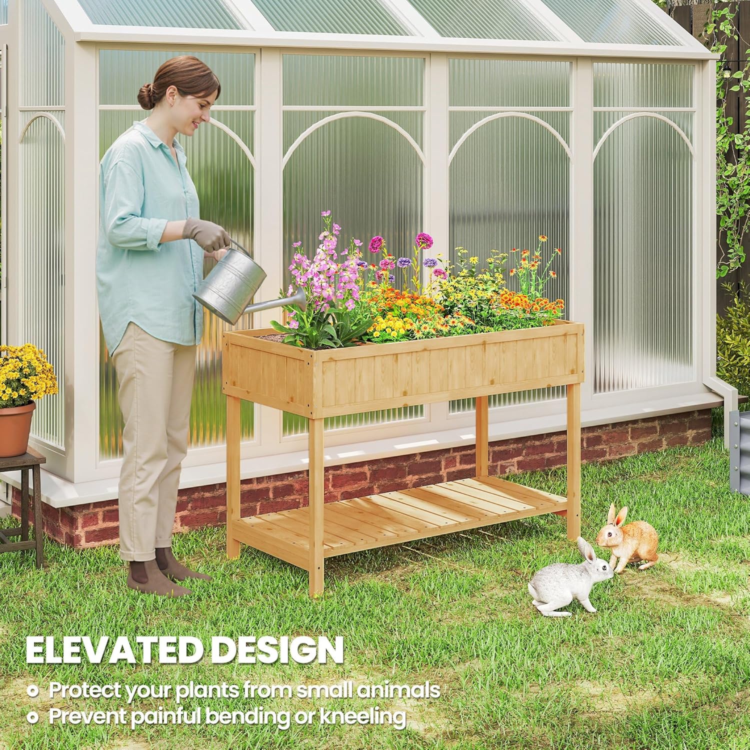 Outsunny 43x18x30in Raised Garden Bed with 8 Pockets and Shelf, Wooden Elevated Planter Box with Legs to Grow Herbs, Vegetables, and Flowers, Natural