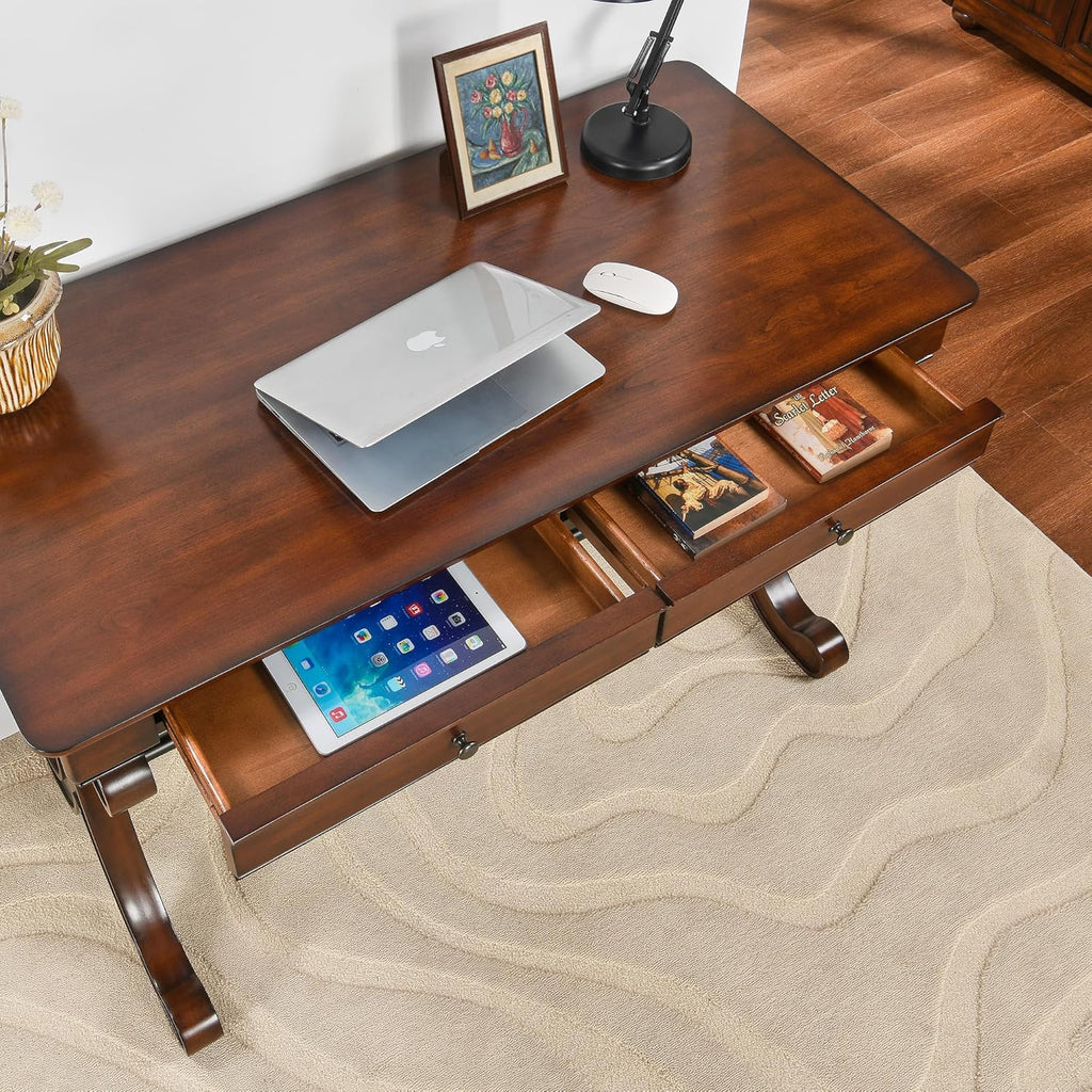 Traditional Wood Writing Desk with 2 Drawers, 47.2" Large Work Desk with Ample Tabletop and Curved Legs, Big Secretary Table in Cherry Walnut for Home Office, SSZ-D0036
