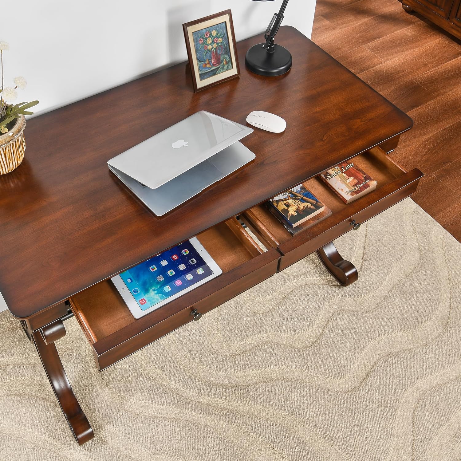 Traditional Wood Writing Desk with 2 Drawers, 47.2" Large Work Desk with Ample Tabletop and Curved Legs, Big Secretary Table in Cherry Walnut for Home Office, SSZ-D0036