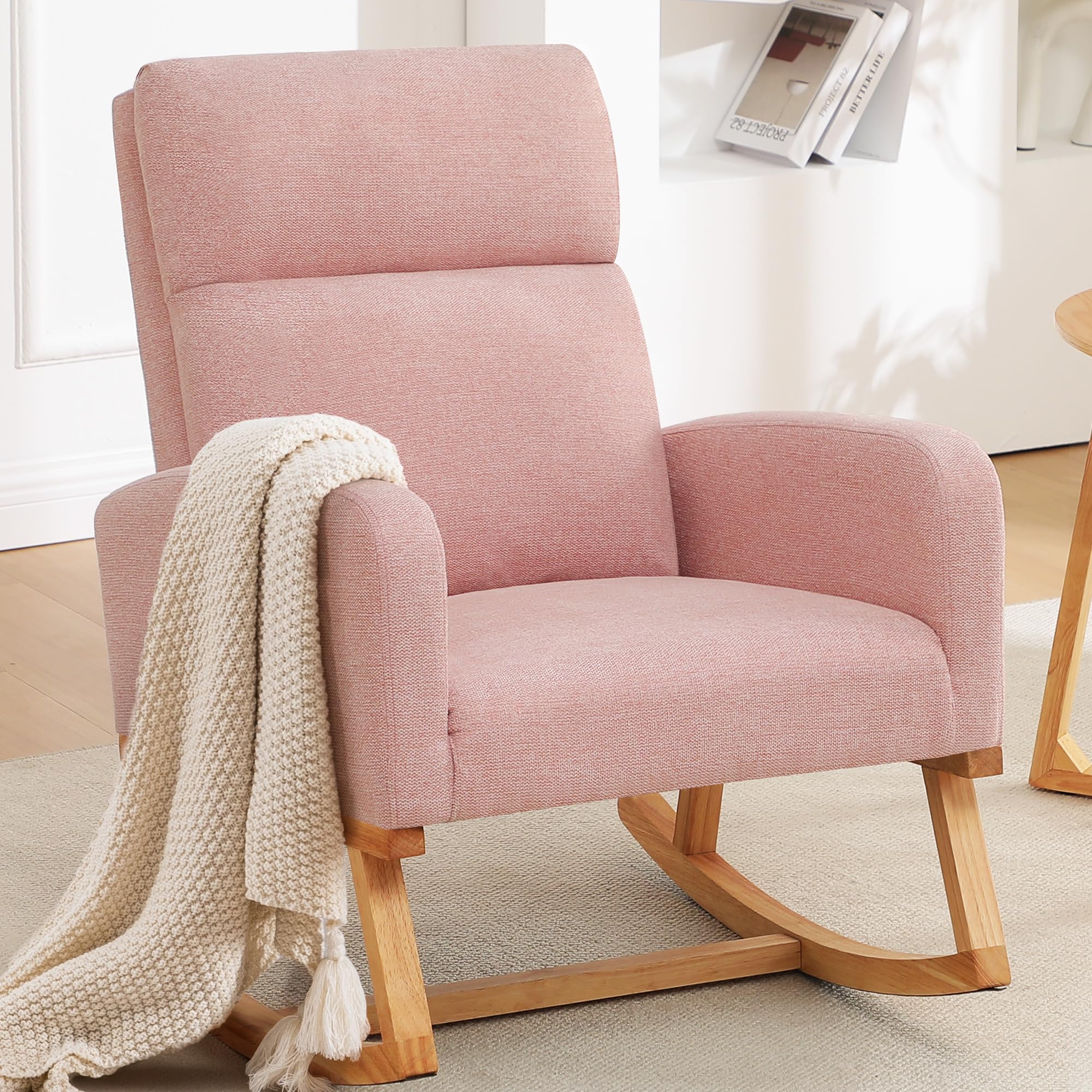 Rocking Chair Nursery - Glider Modern Accent Chairs Upholstered Linen Nursing Rocker Padded Armchair for Indoor Living Room Bedroom Beige