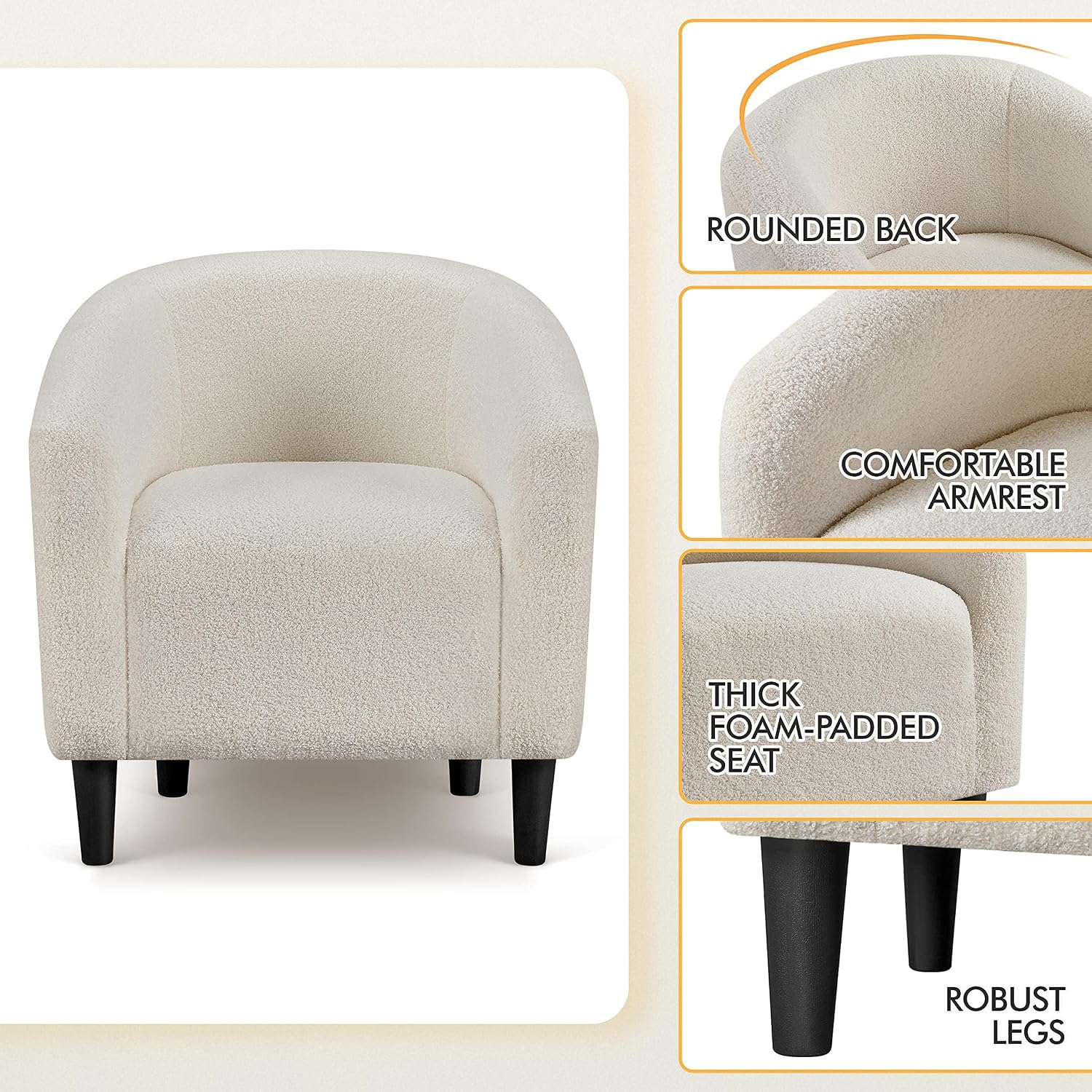 Topeakmart Accent Chair, Sherpa Barrel Chair with Soft Padded and Sturdy Legs for Living Room, Bedroom, Reception Room, Set of 2, Ivory