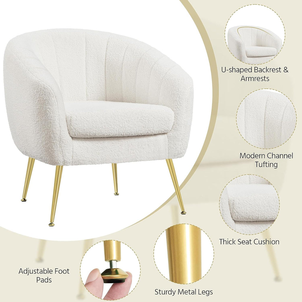 Yaheetech Sherpa Fabric Accent Chair, Modern Cozy Vanity Chair with Gold Metal Legs, Boucle Fabric Armchair with Removable Seat Cushion for Living Room Bedroom Office Guest Room, Ivory