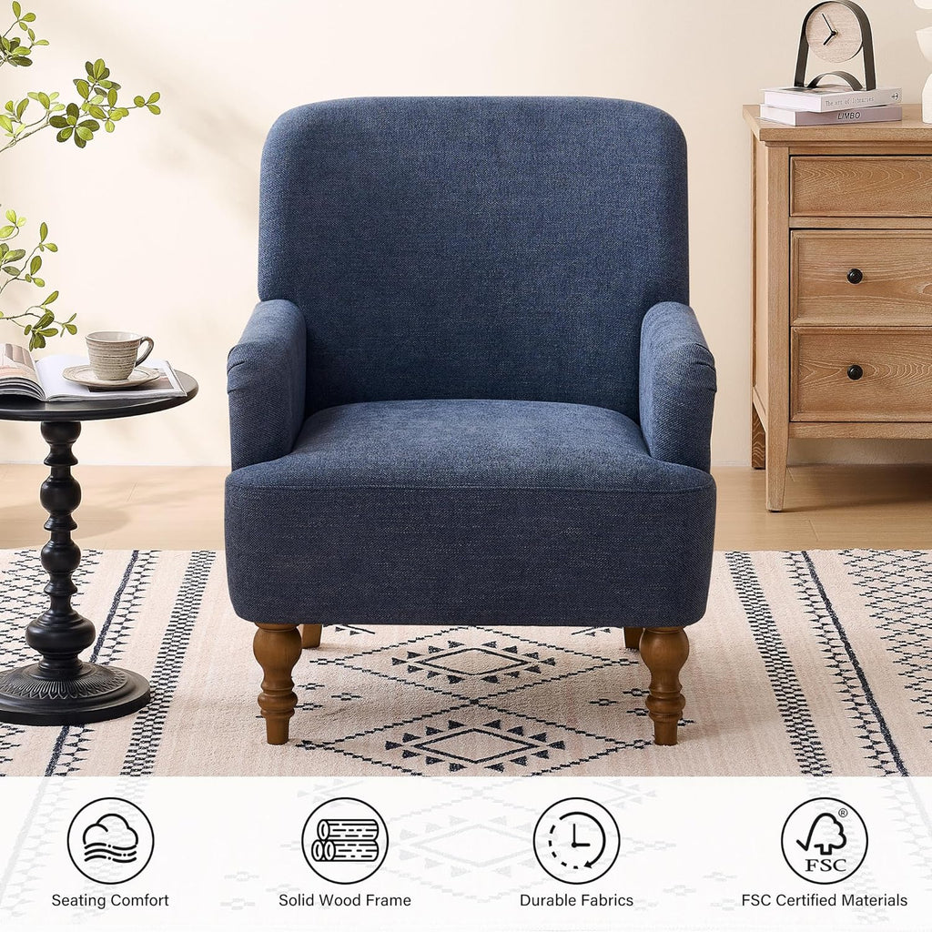 Modern Wingback Accent Chair, Upholstered Fabric Living Room Armchair with Wood Legs, Single Sofa Lounge Chair for Bedroom, Office & Reading Room (1, Blue)