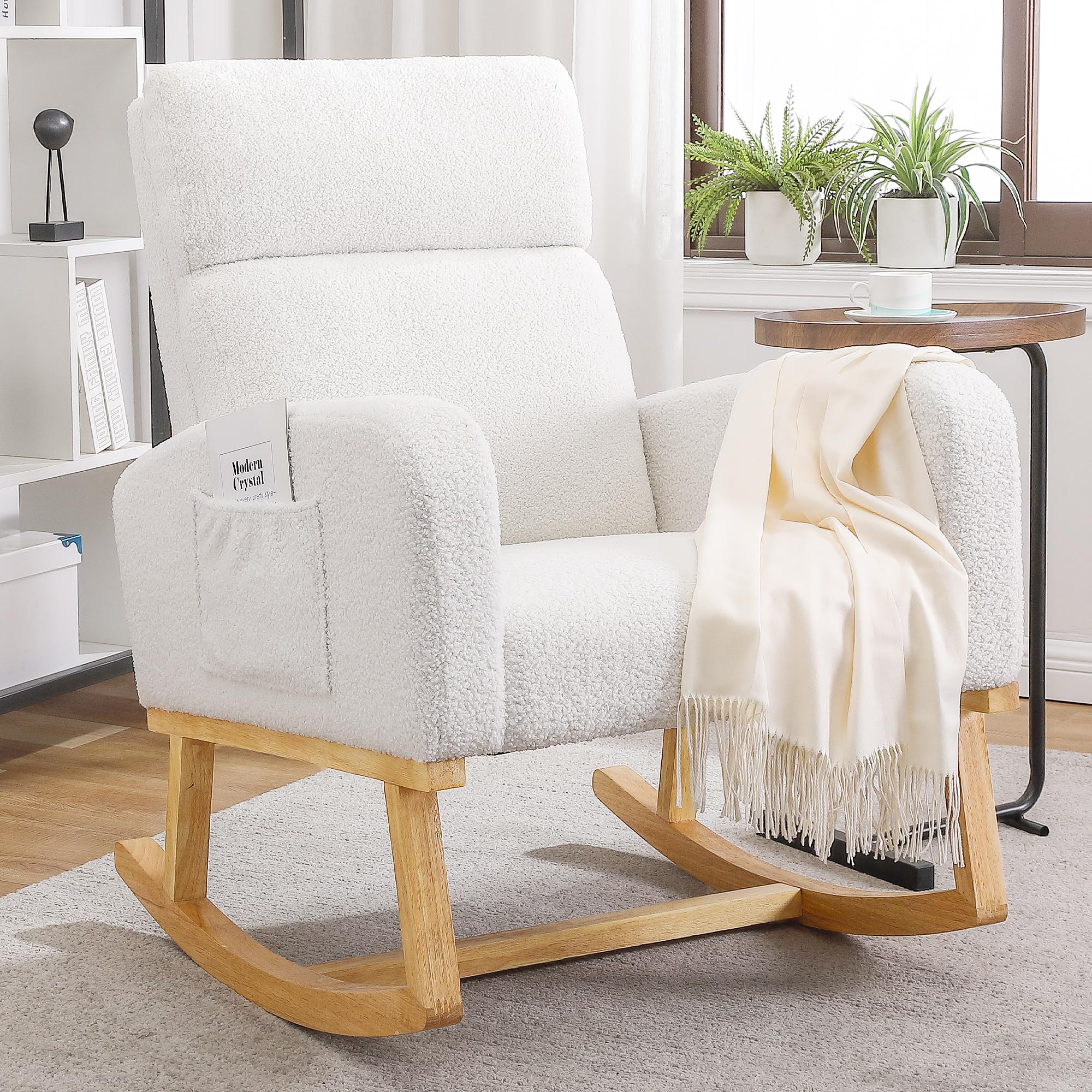 Rocking Chair Nursery - Glider Modern Accent Chairs Upholstered Linen Nursing Rocker Padded Armchair for Indoor Living Room Bedroom Beige