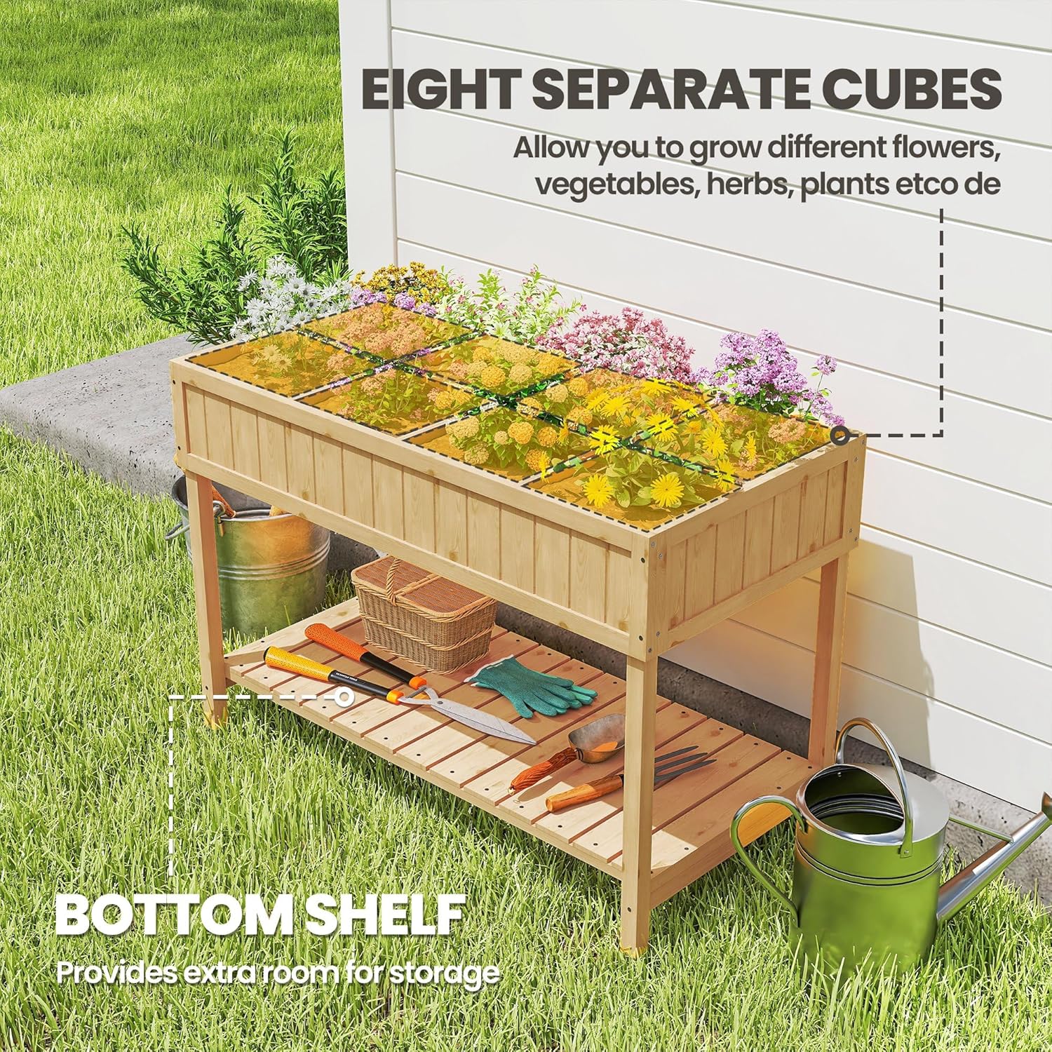 Outsunny 43x18x30in Raised Garden Bed with 8 Pockets and Shelf, Wooden Elevated Planter Box with Legs to Grow Herbs, Vegetables, and Flowers, Natural