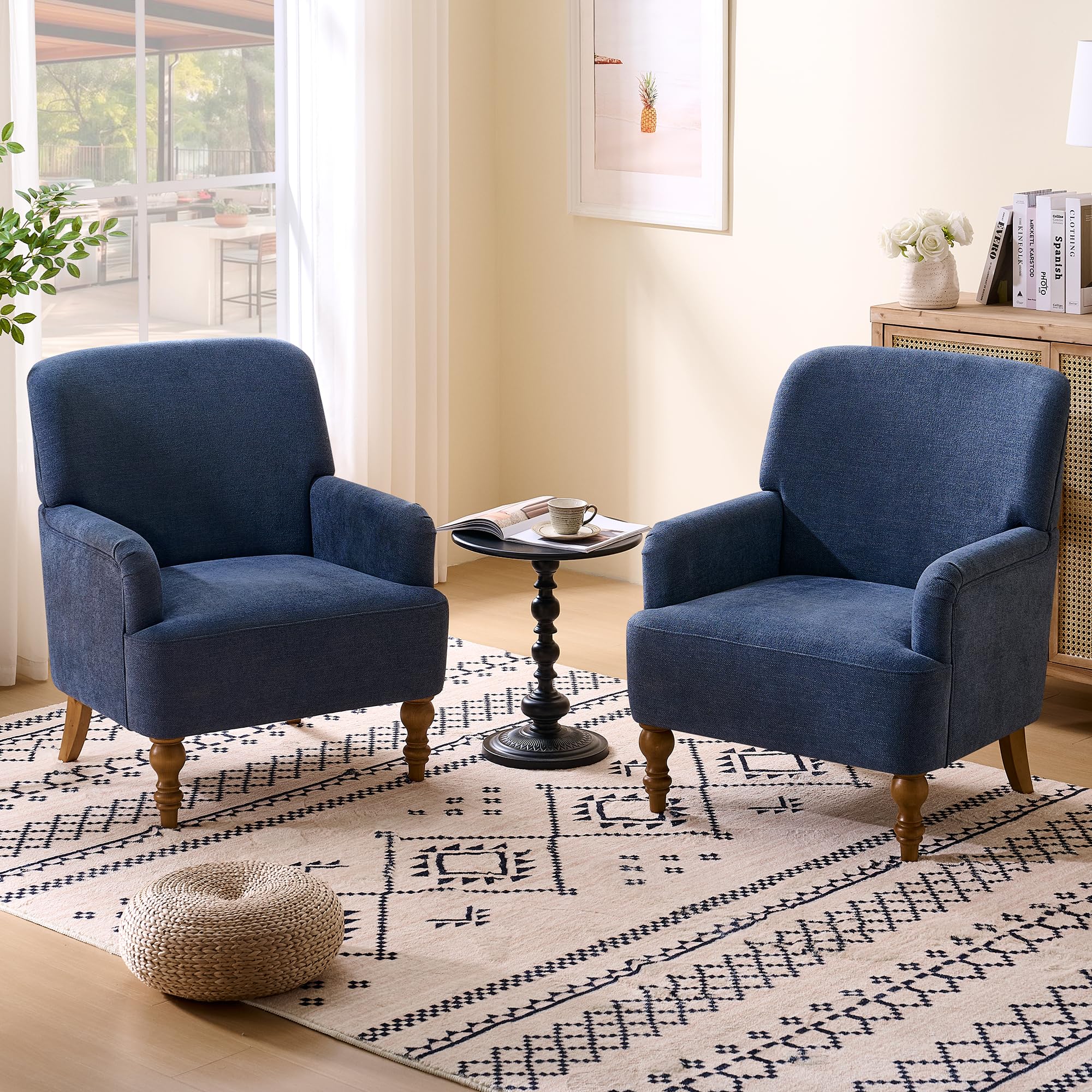 Modern Wingback Accent Chair, Upholstered Fabric Living Room Armchair with Wood Legs, Single Sofa Lounge Chair for Bedroom, Office & Reading Room (1, Blue)