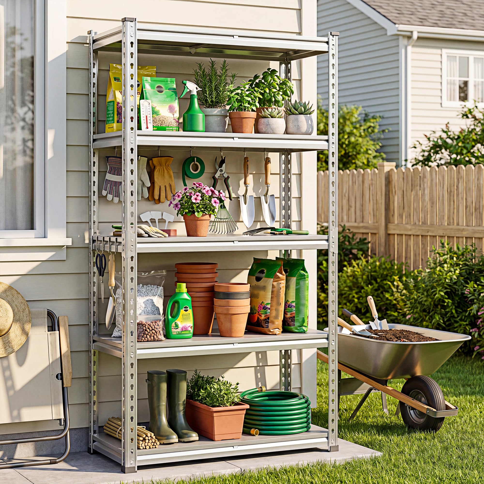 Romorgniz Plant Shelf, Waterproof & Rustproof Metal Shelving with PP Broad Outdoor, 2000Lbs Adjustable Galvanized Plant Shelf for Patio Gardening Closet Kitchen Basement, 60" H x 27.5" W x 11.8" D
