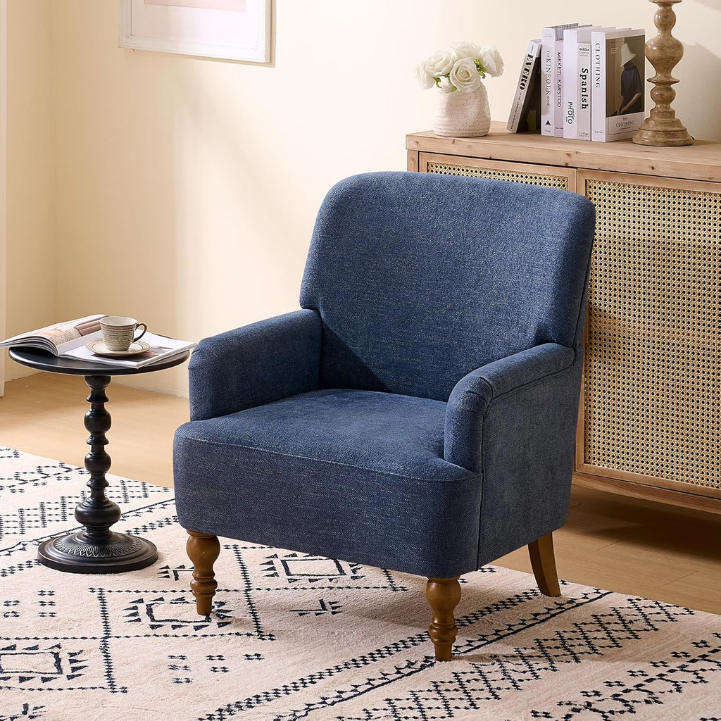 Modern Wingback Accent Chair, Upholstered Fabric Living Room Armchair with Wood Legs, Single Sofa Lounge Chair for Bedroom, Office & Reading Room (1, Blue)