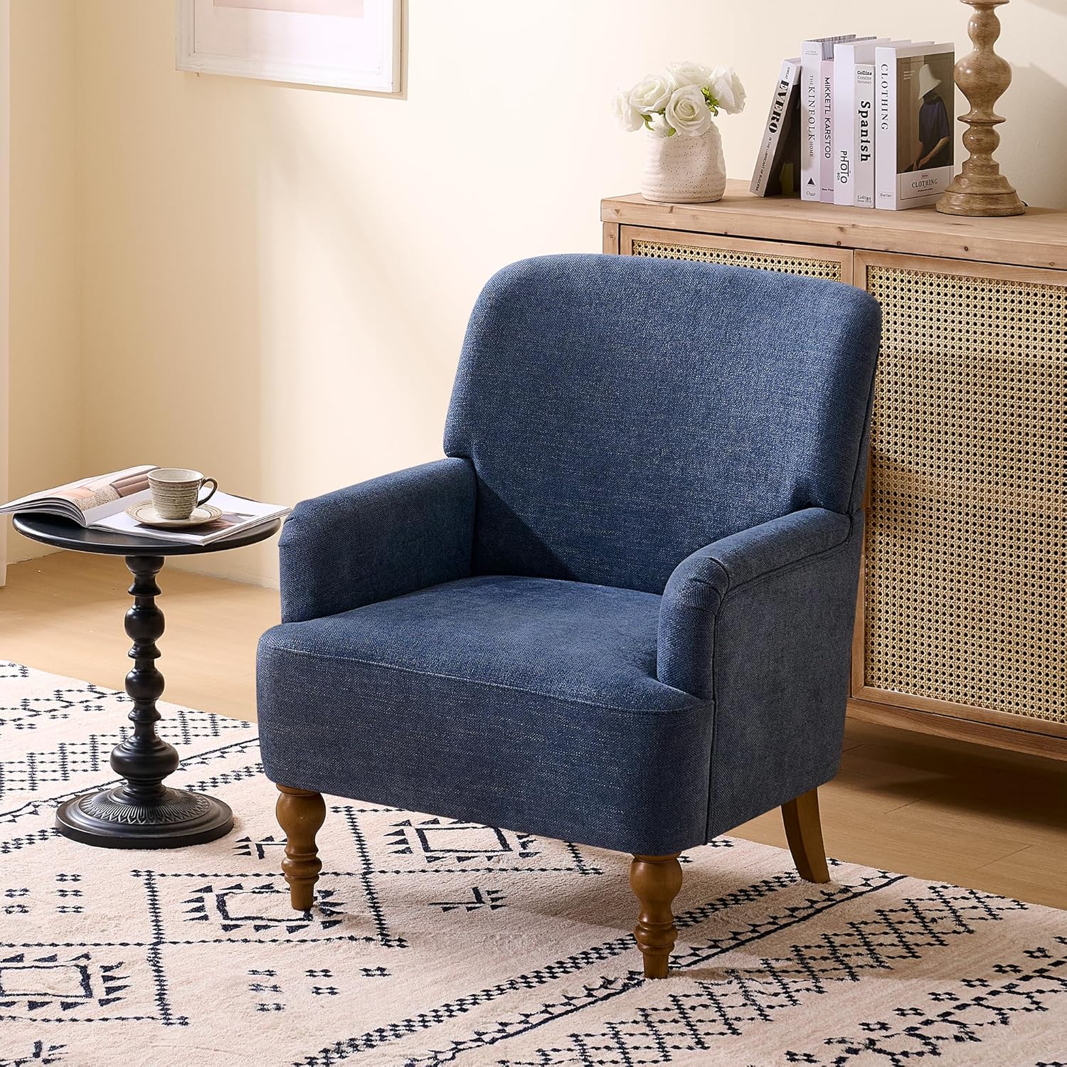 Modern Wingback Accent Chair, Upholstered Fabric Living Room Armchair with Wood Legs, Single Sofa Lounge Chair for Bedroom, Office & Reading Room (1, Blue)