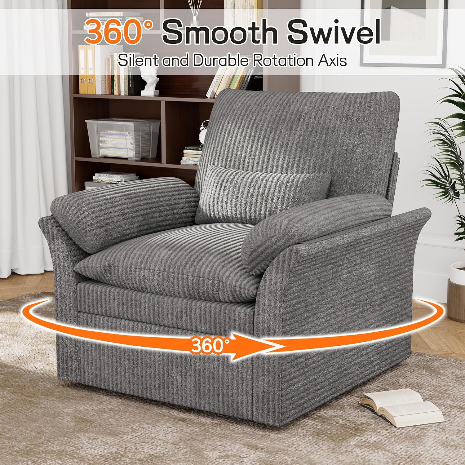 38" Grey Fabric 360 Swivel Armchair with Storage, Adjustable Back & Cushions