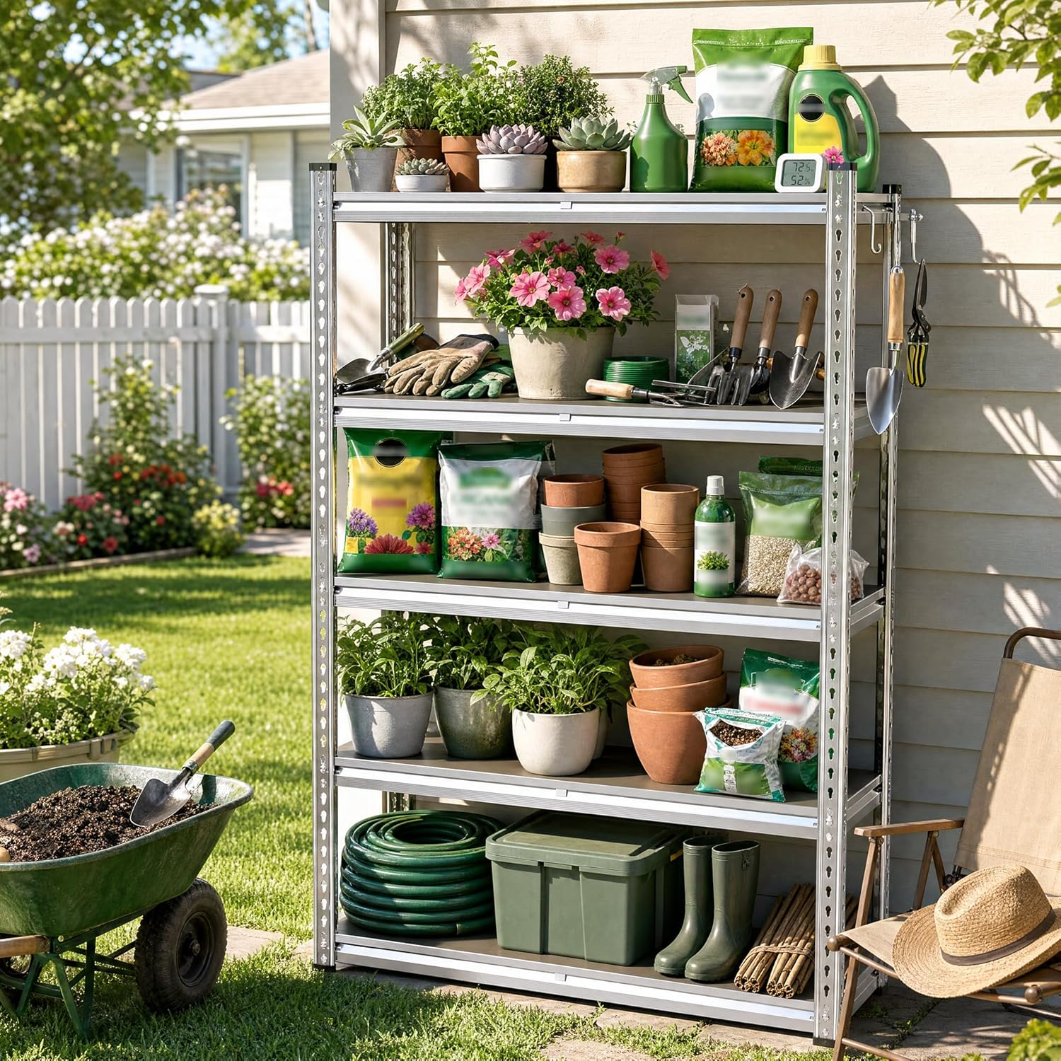 Romorgniz Plant Shelf, Waterproof & Rustproof Metal Shelving with PP Broad Outdoor, 2000Lbs Adjustable Galvanized Plant Shelf for Patio Gardening Closet Kitchen Basement, 60" H x 27.5" W x 11.8" D