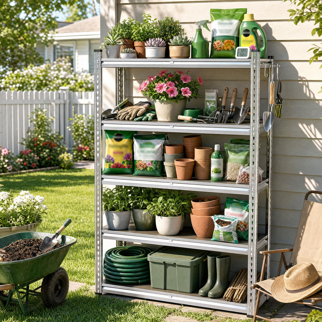 Romorgniz Plant Shelf, Waterproof & Rustproof Metal Shelving with PP Broad Outdoor, 2000Lbs Adjustable Galvanized Plant Shelf for Patio Gardening Closet Kitchen Basement, 60" H x 27.5" W x 11.8" D