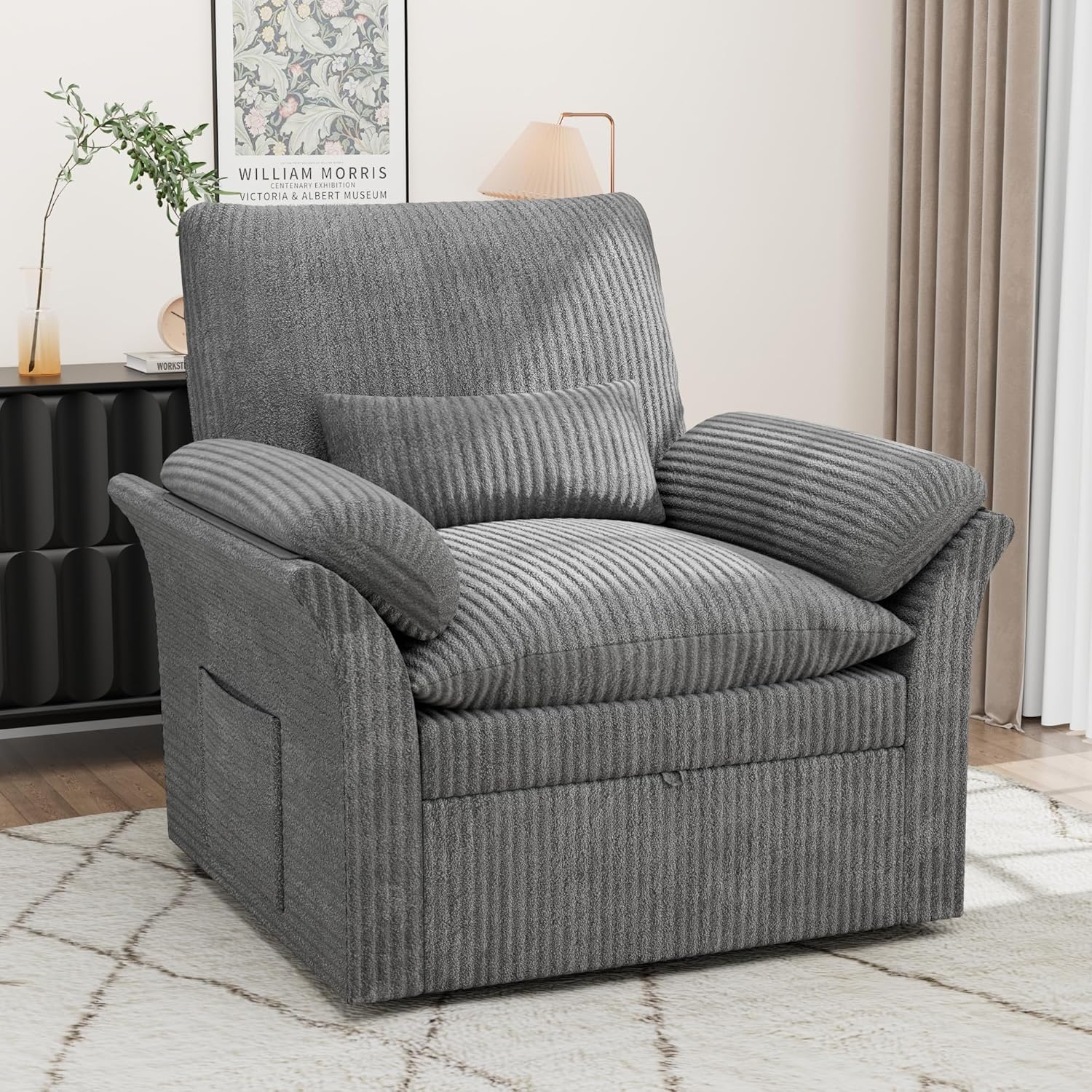 38" Grey Fabric 360 Swivel Armchair with Storage, Adjustable Back & Cushions