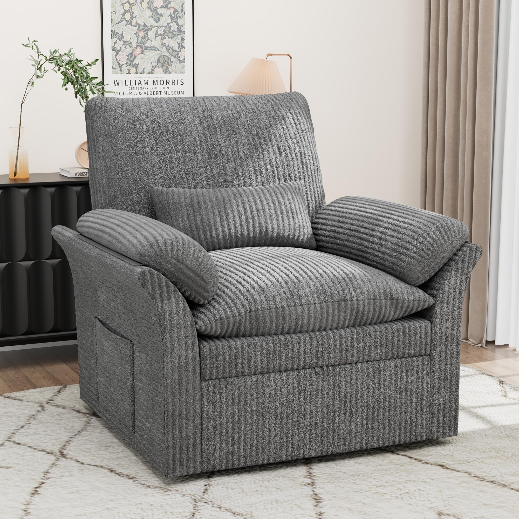 38" Grey Fabric 360 Swivel Armchair with Storage, Adjustable Back & Cushions