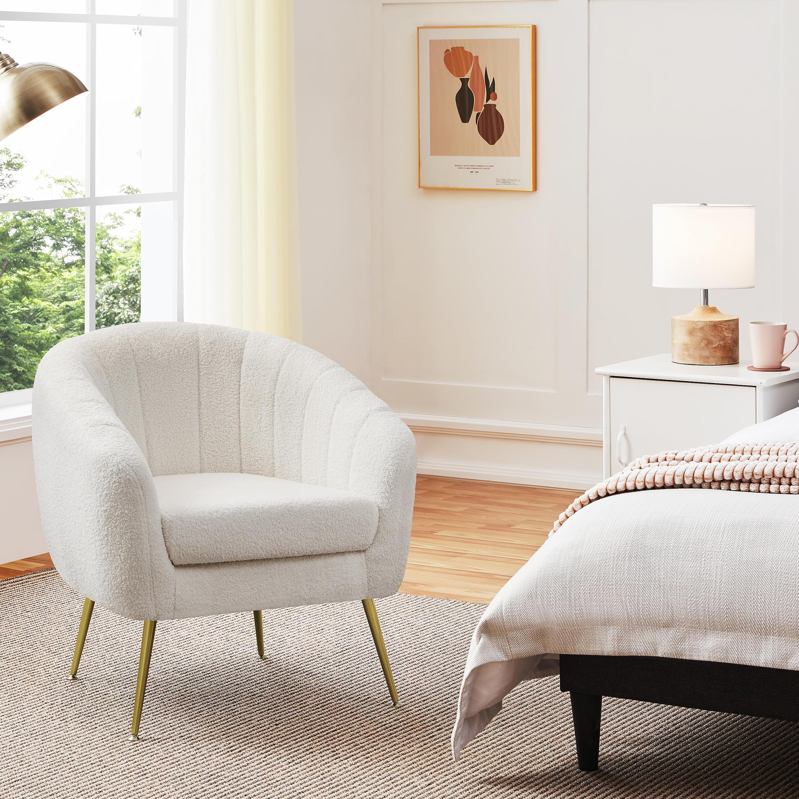 Yaheetech Sherpa Fabric Accent Chair, Modern Cozy Vanity Chair with Gold Metal Legs, Boucle Fabric Armchair with Removable Seat Cushion for Living Room Bedroom Office Guest Room, Ivory